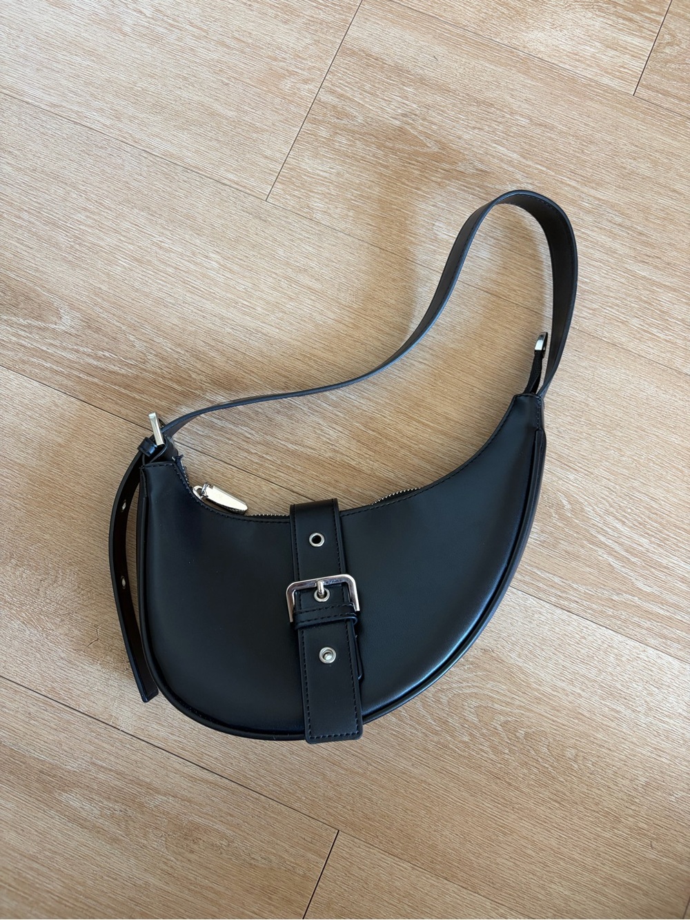 Black Crescent Shoulder Bag with Buckle Detail